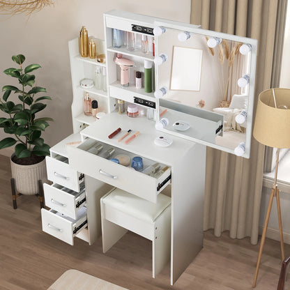White Makeup Dressing Table W/ Lights Sliding Mirror