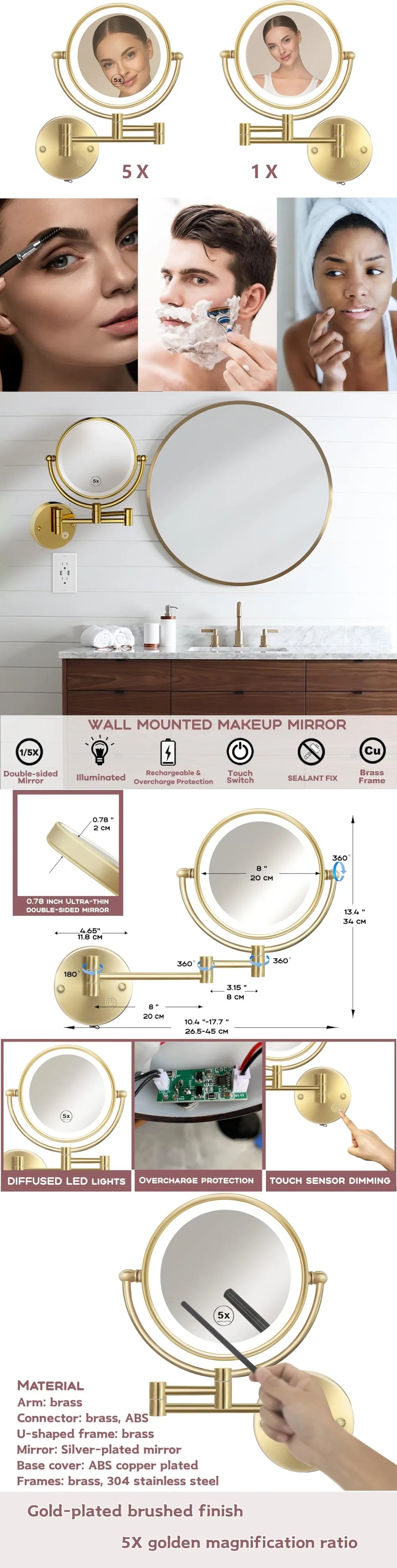 Brushed Gold Led Folding Touch Bathroom Mirrors Of