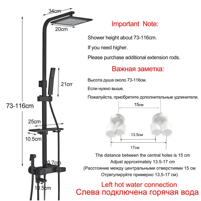 Black Thermostatic Shower Faucets Digital Display Screen Cold