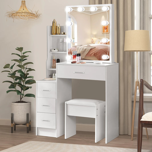 White Makeup Dressing Table W/ Lights Sliding Mirror