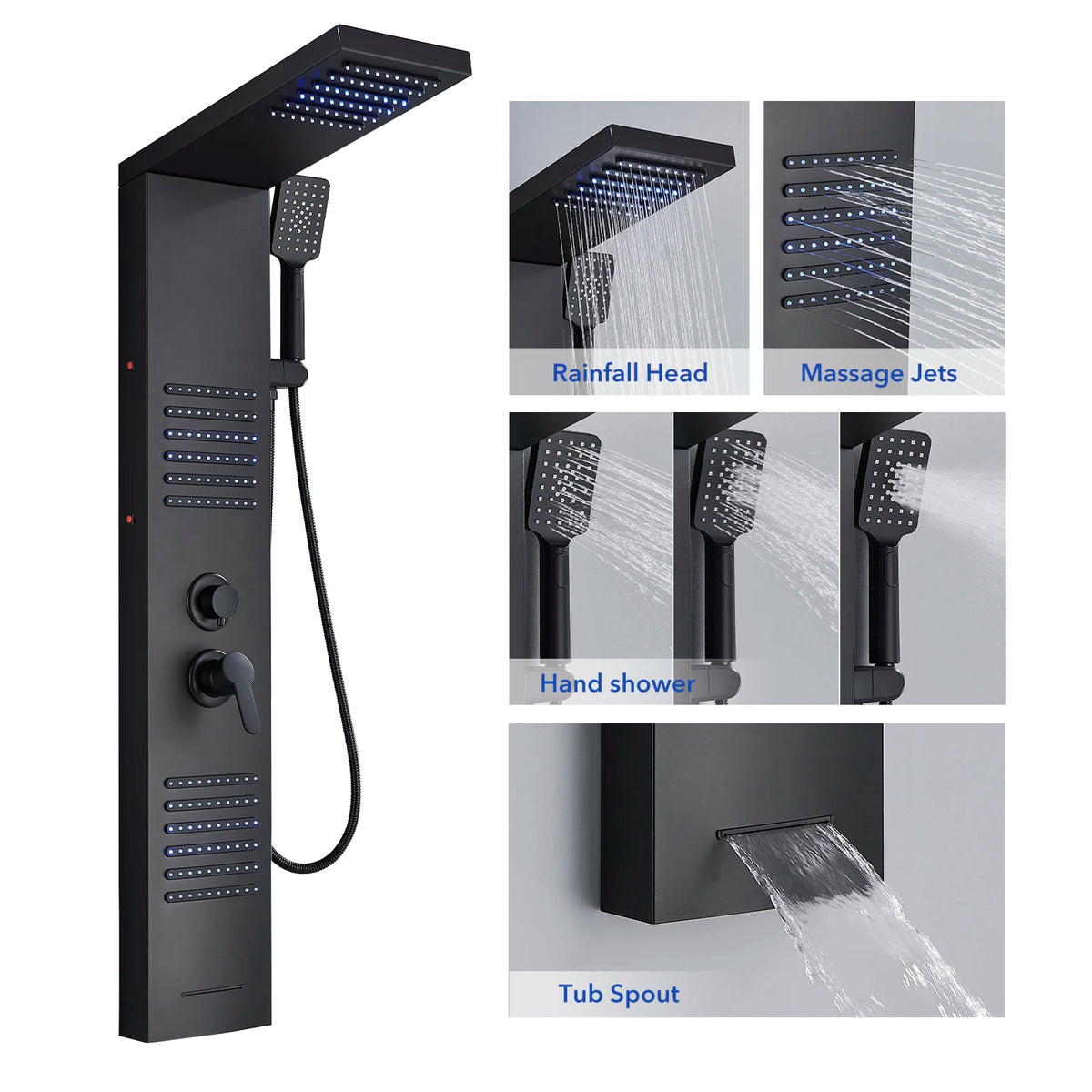 Black Led Shower Panel Tower System Rain Waterfall