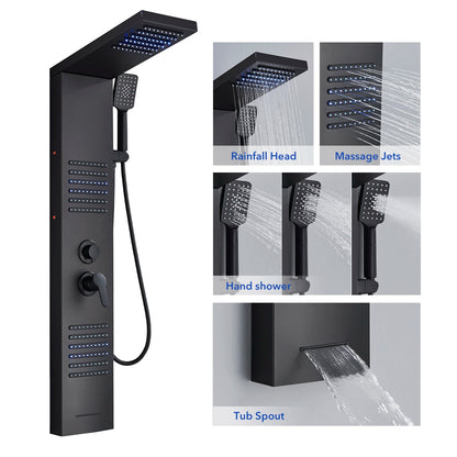 Black Led Shower Panel Tower System Rain Waterfall