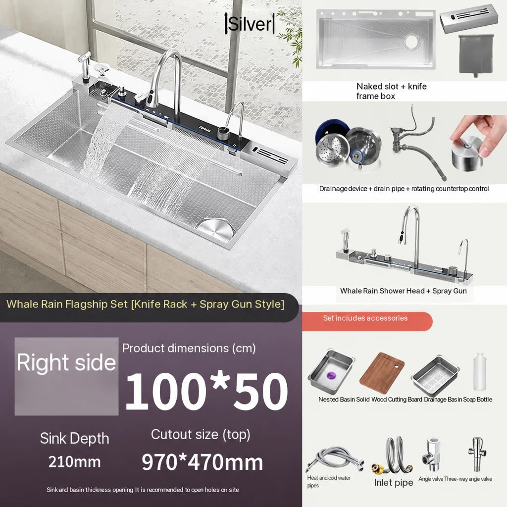 Customized 1000x500mm Silver Smart Stainless Steel Sink Waterfall
