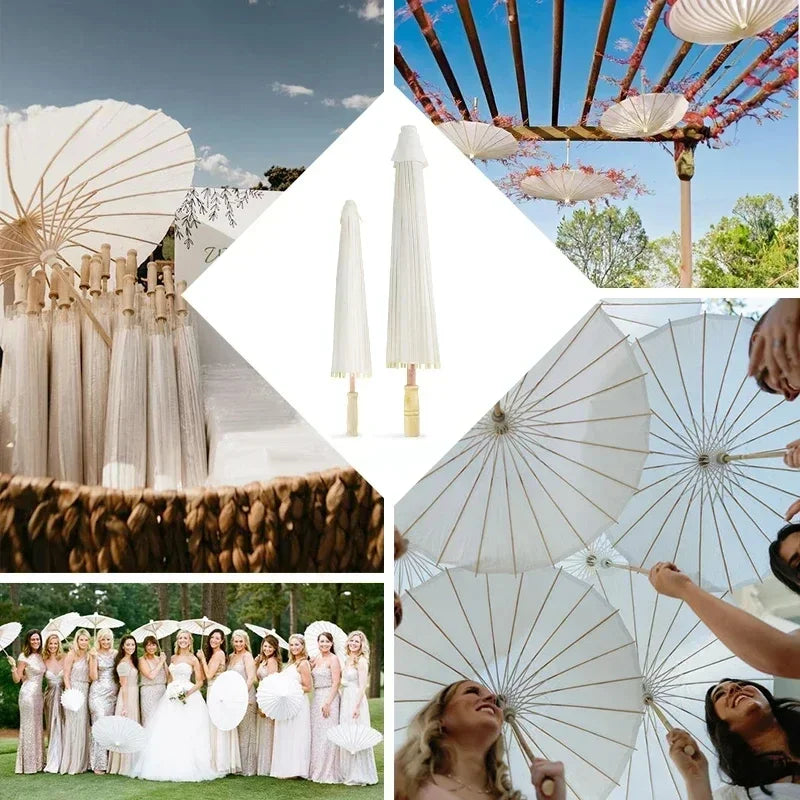 White Wedding Paper Umbrellas 60/80cm Chinese Wooden Handle