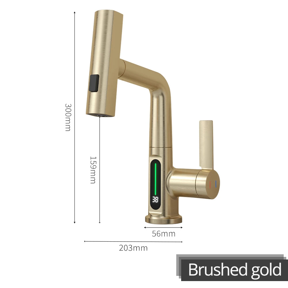 Brushed Gold Basin Faucet Lifting Pull Down Digital