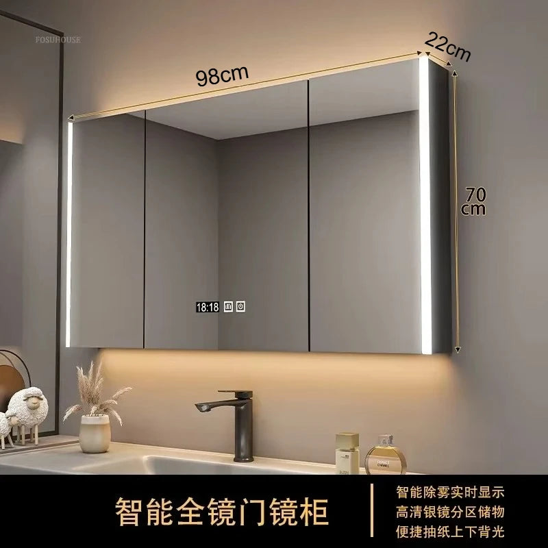 Modern Solid Wood Smart Bathroom Mirror Cabinet Light