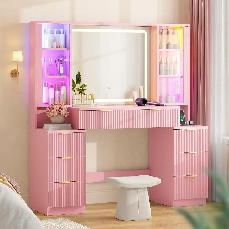 Hauoms Big Vanity Fluted Wood Makeup Vanity Desk