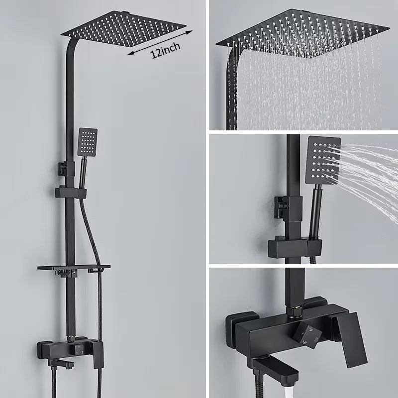 Shinesia Black/Chrome Bathroom Shower System Rainfall Shower