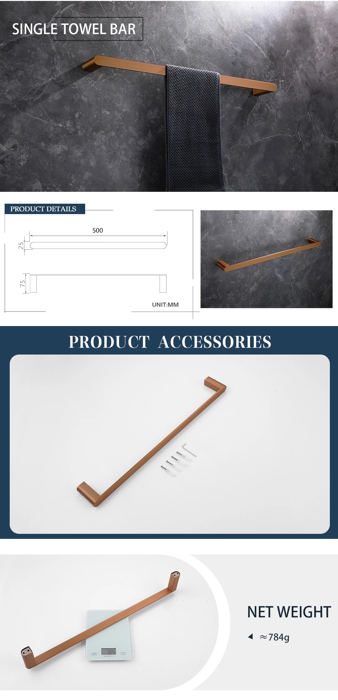 Brushed Rose Gold Wall Mount Shelf Toilet Bath