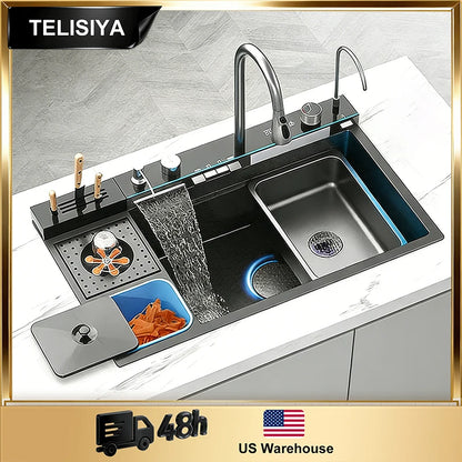 Stainless Steel Sink Digital Display Waterfall Large Slot
