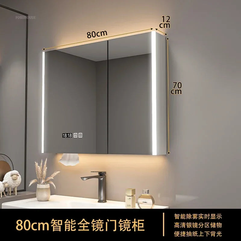 Modern Solid Wood Smart Bathroom Mirror Cabinet Light
