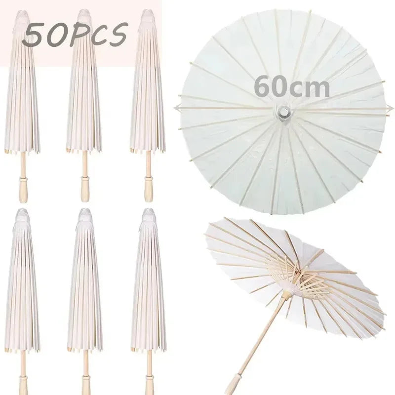 White Wedding Paper Umbrellas 60/80cm Chinese Wooden Handle