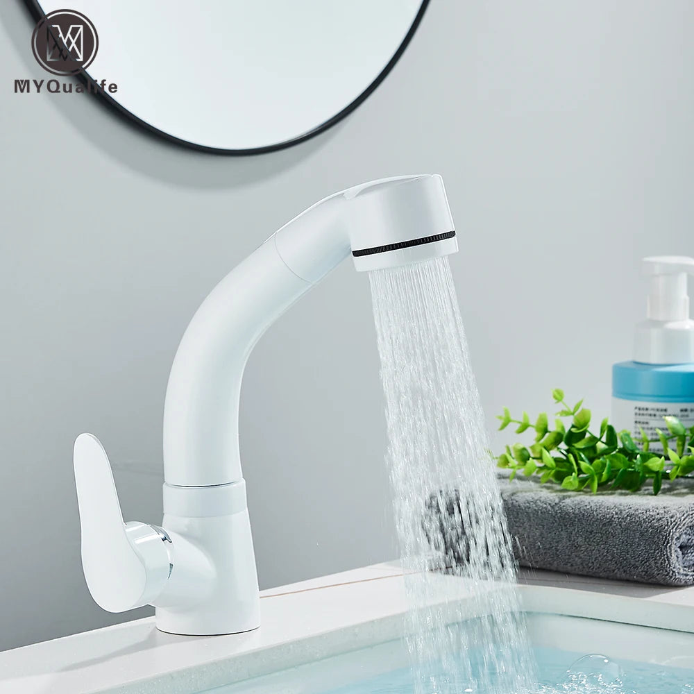 White Pull Out Bathroom Sink Faucet Cold Water