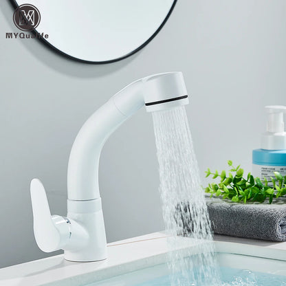 White Pull Out Bathroom Sink Faucet Cold Water