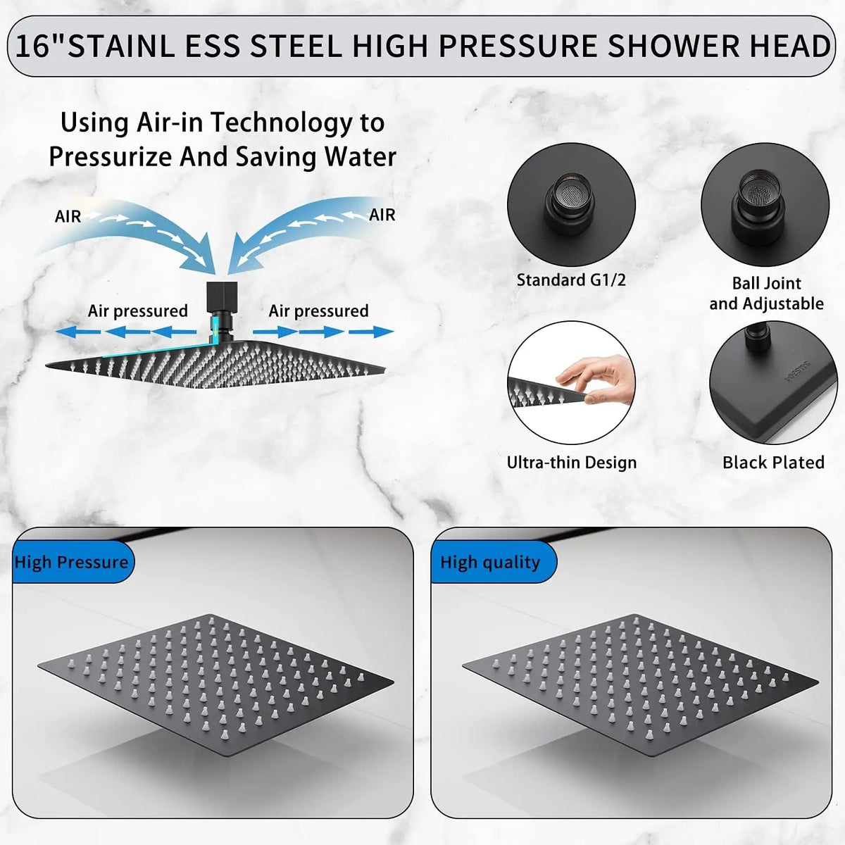 Kemaidi Shower Head Black Led Square Rainfall Shower