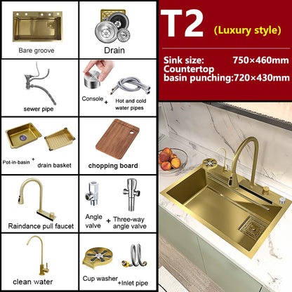 Stainless Steel Golden Sink Waterfall Outlet Slot Piano