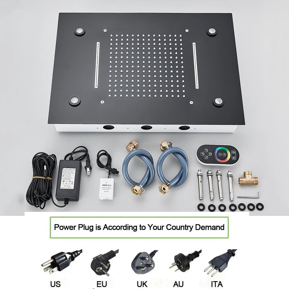 Black Led Thermostatic Bathroom Shower Faucet Rain Waterfall