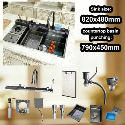 Stainless Steel Sink Digital Display Waterfall Large Slot