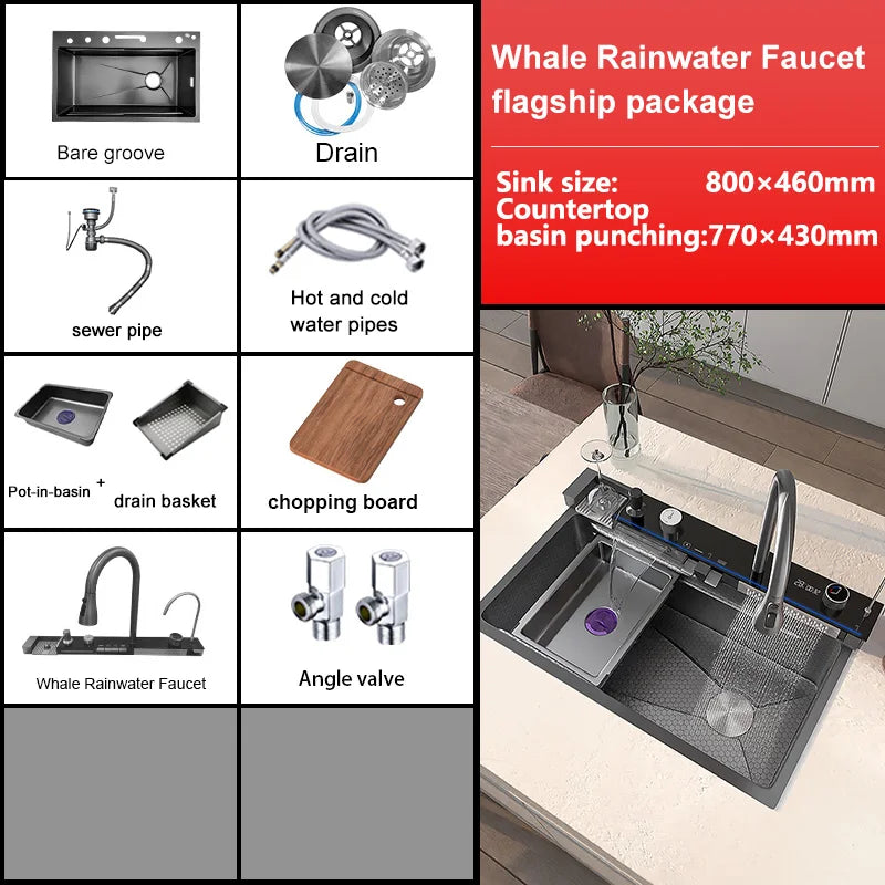Stainless Steel Waterfall Sink Digital Display Large Slot