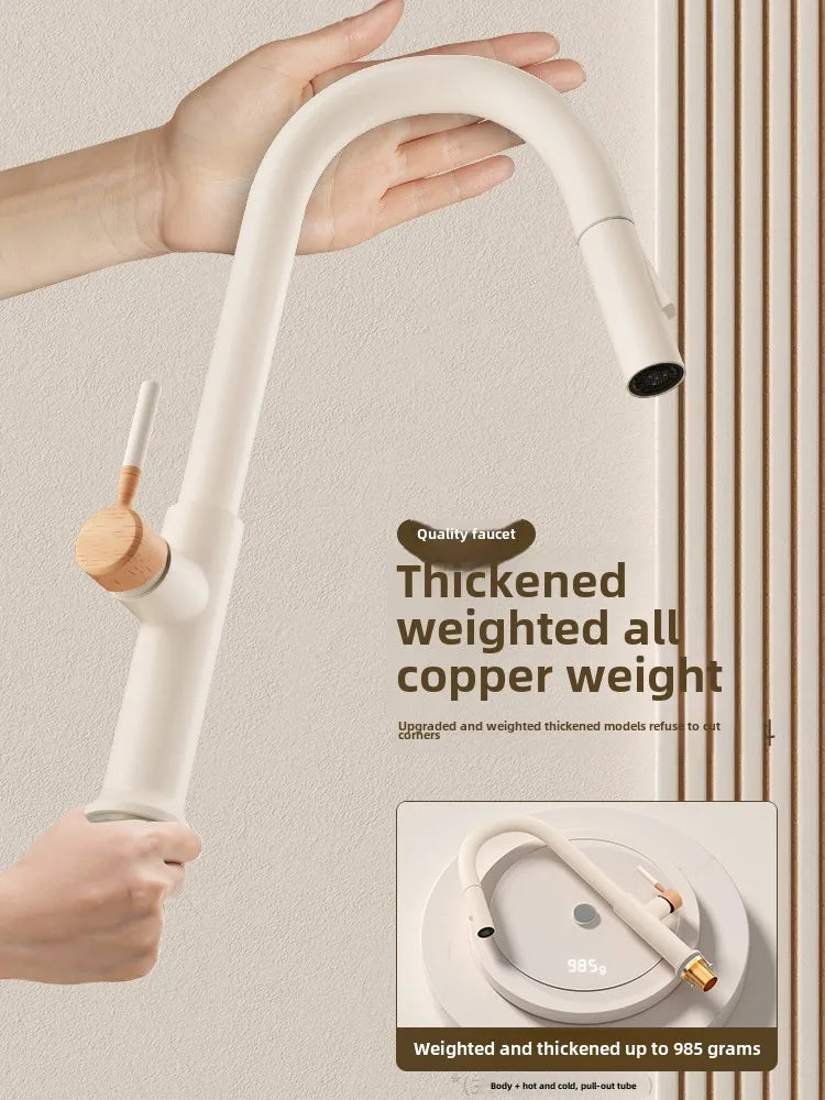 Wooden Cream Pull-Out Cold All Copper Faucet Retractable