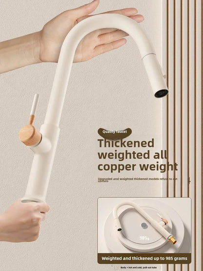 Wooden Cream Pull-Out Cold All Copper Faucet Retractable