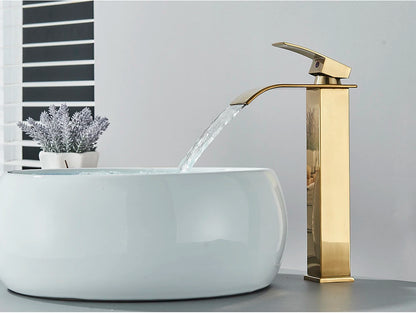 Brushed Golden Basin Faucets Elegant Waterfall Bathroom Sink