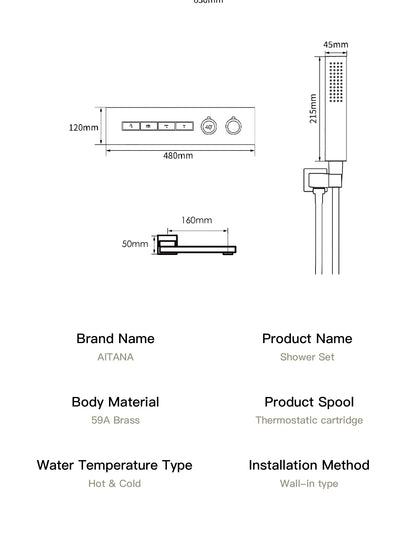 Luxury Gun Grey Brass Thermostatic Shower System Ceiling-Embedded