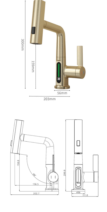 Brushed Gold Basin Faucet Lifting Pull Down Digital