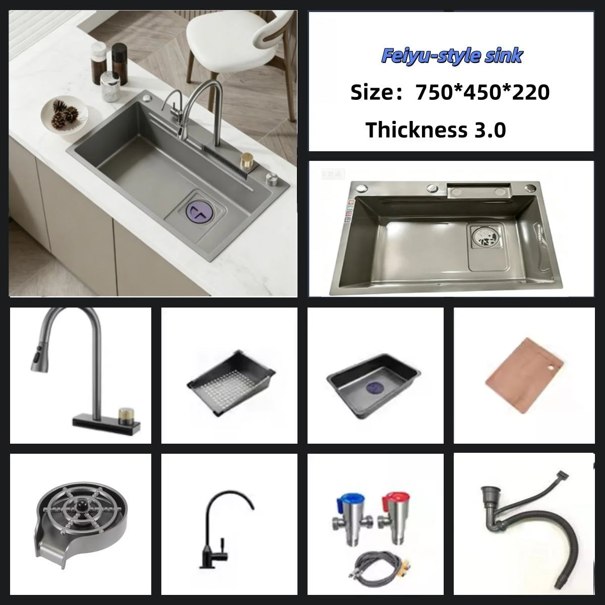 Stainless Steel Sink Waterfall-Style Pull-Out Faucet Large