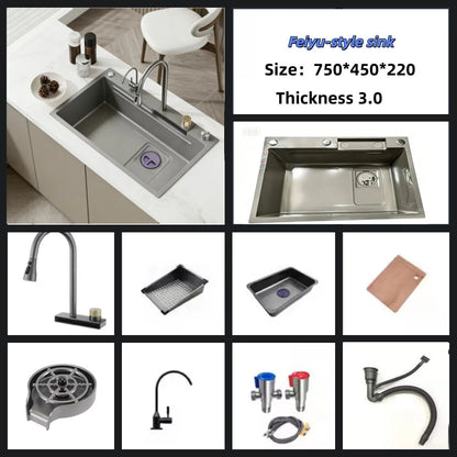 Stainless Steel Sink Waterfall-Style Pull-Out Faucet Large