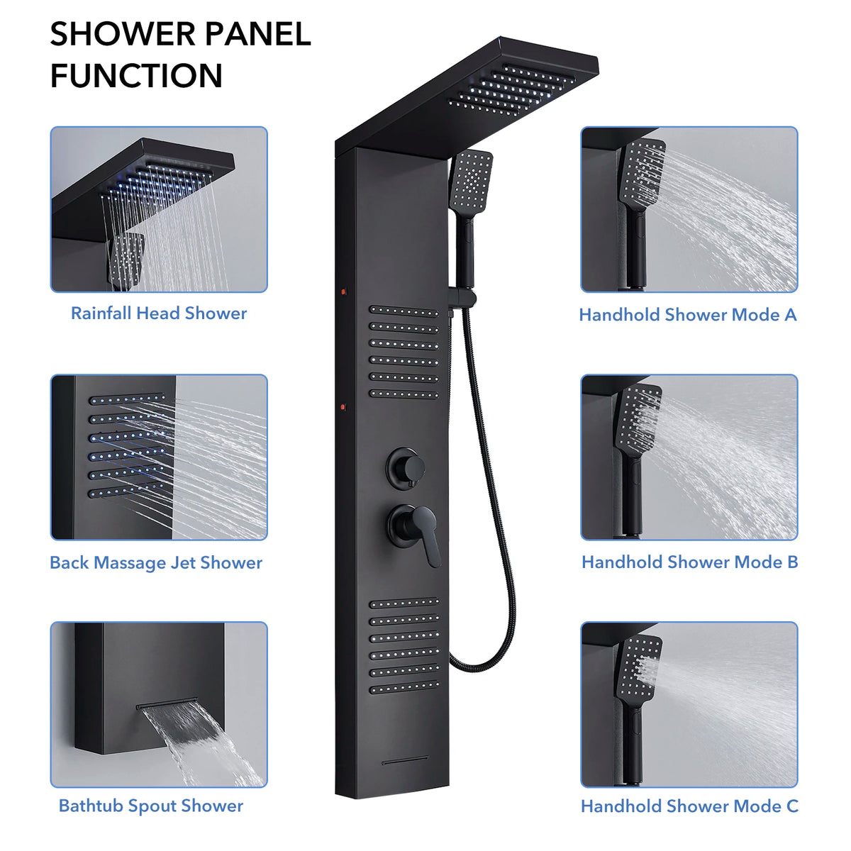 Black Led Shower Panel Tower System Rain Waterfall