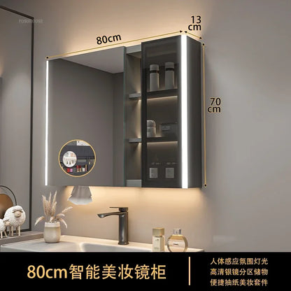 Modern Solid Wood Smart Bathroom Mirror Cabinet Light