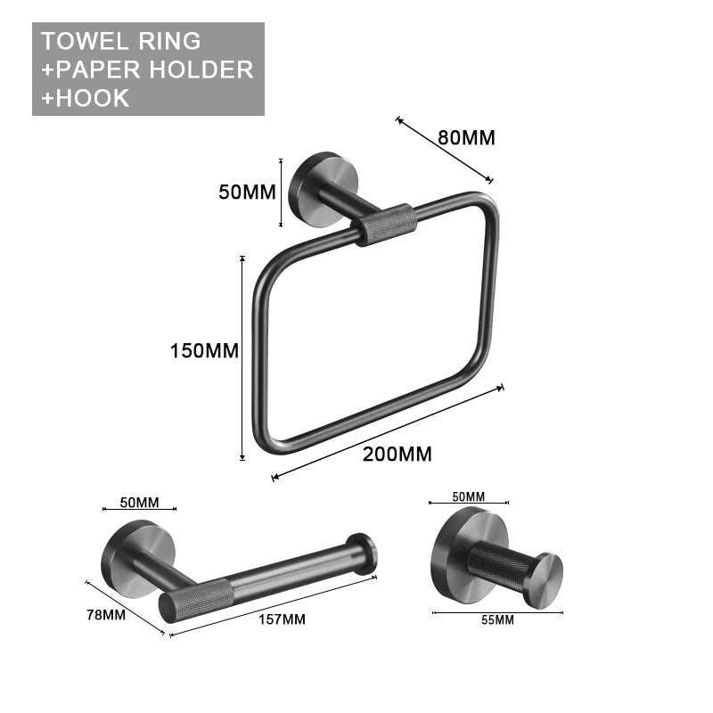 Grey Bathroom Hardware Kit Stainless Steel Round Wall
