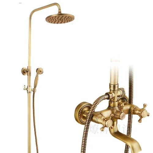 Antique Brass Shower Faucet 8-Inch Rainfall Dual Handle