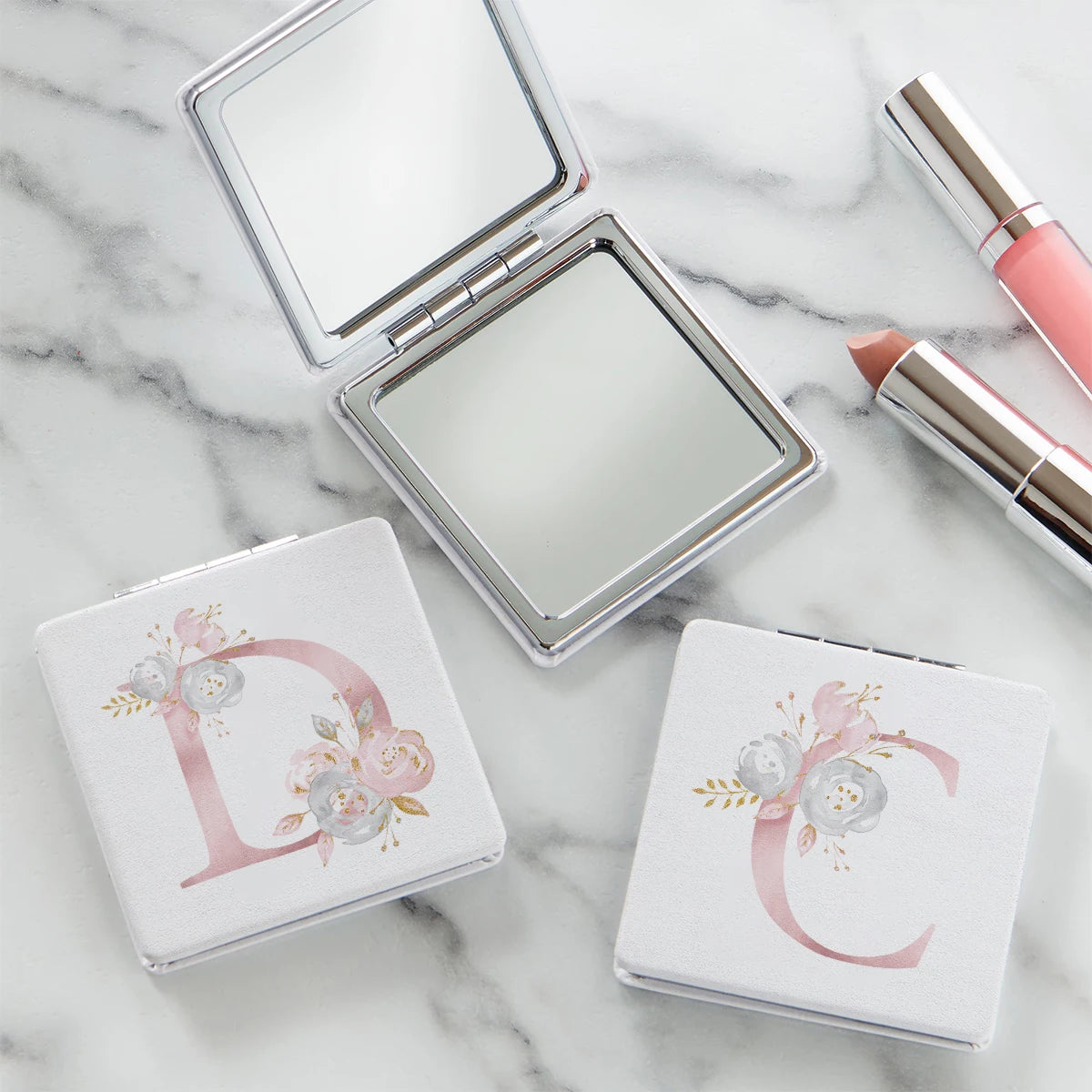 Personalized Floral First Letter White Square Double-Sided Makeup