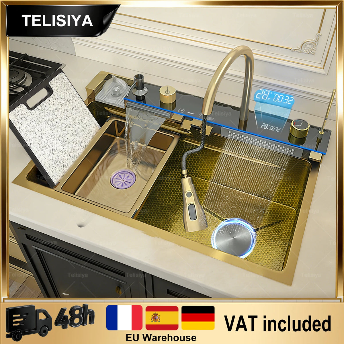 Stainless Steel Sink Digital Display Waterfall Large Slot