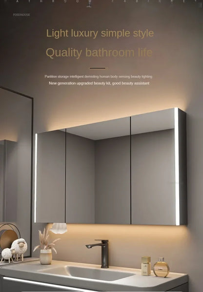Modern Solid Wood Smart Bathroom Mirror Cabinet Light