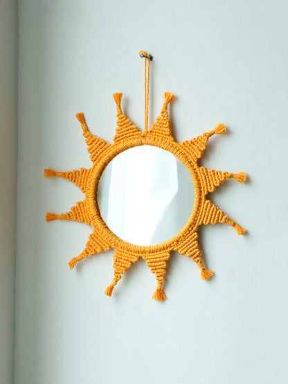 Handmade Yellow Sun Wall Mirror Boho Macrame Wall