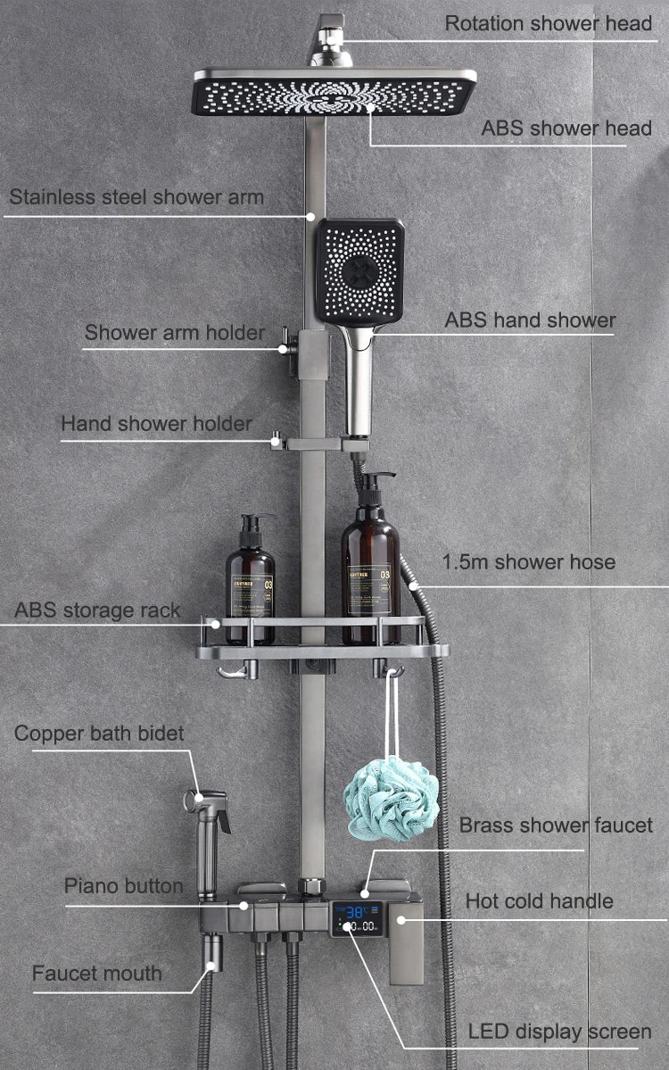 Piano Digital Display Thermostatic Bathroom Shower Cold Brass