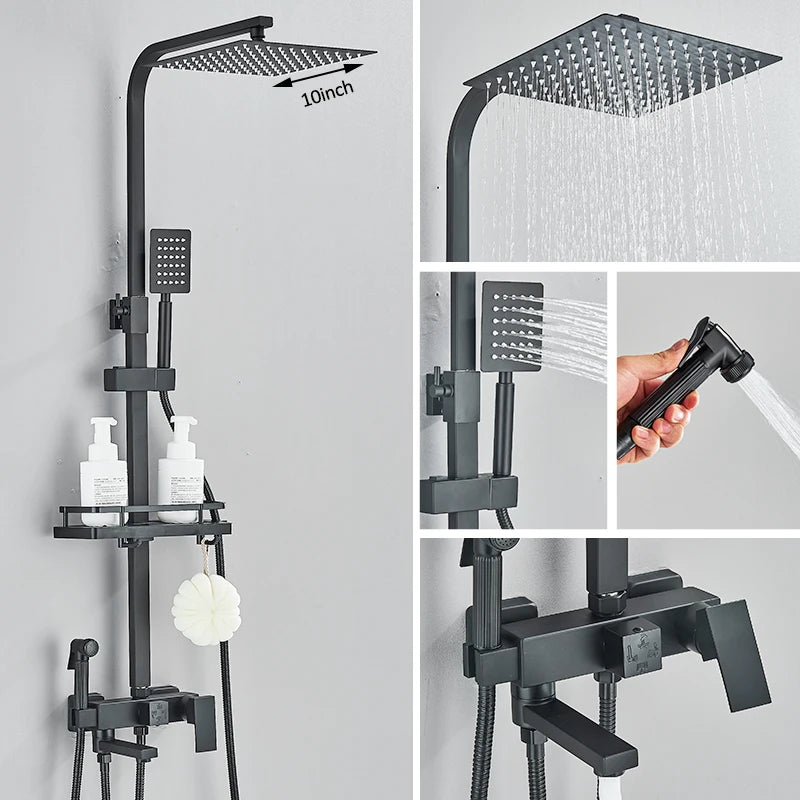 Black Chrome 3/4-Way Shower Faucet Rainfall Shower Cold