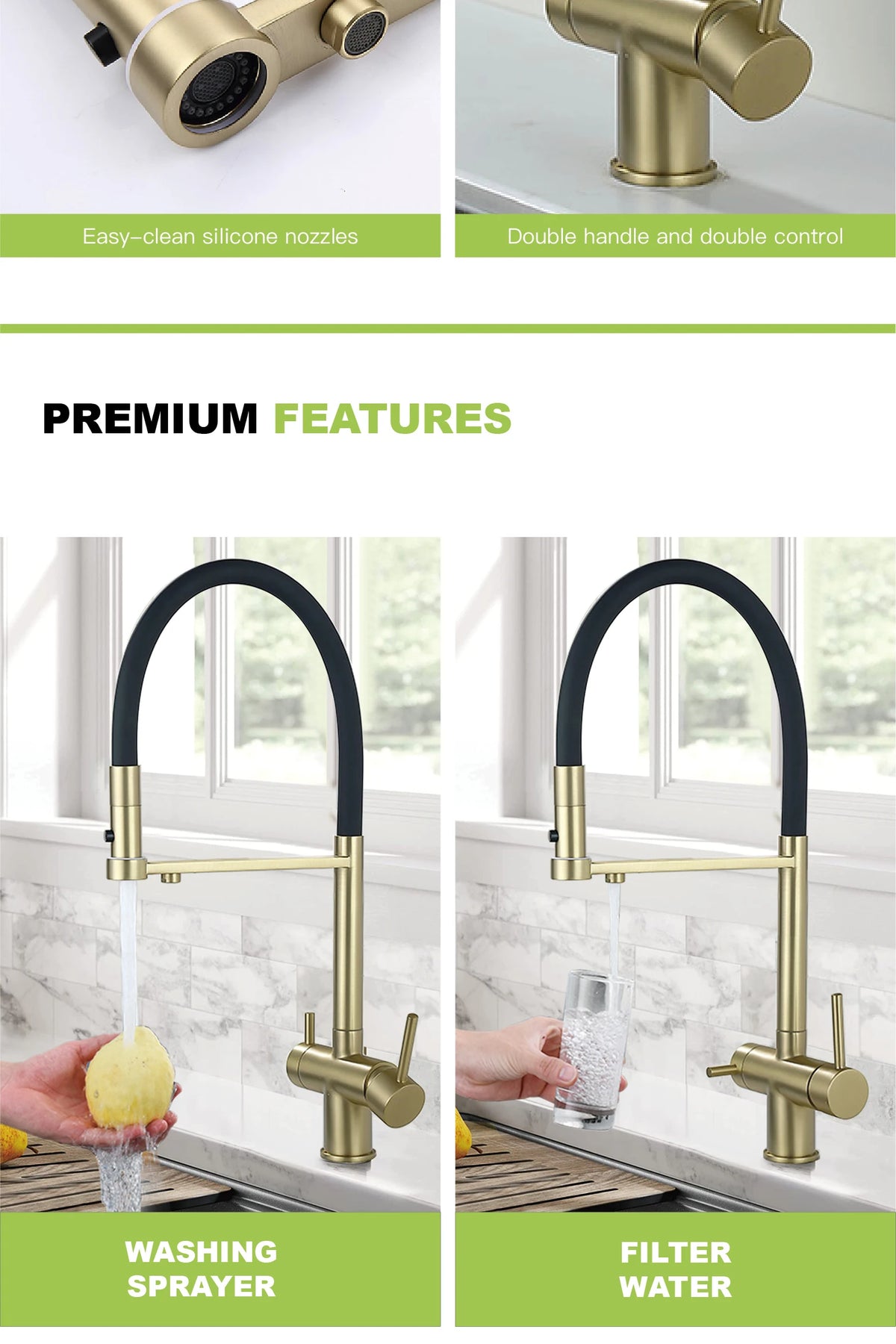 Modern Brushed Gold Brass Faucet Water Filtration Design