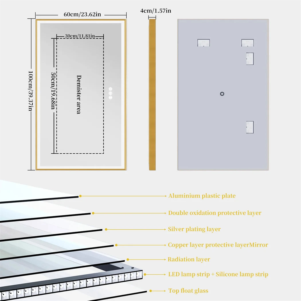 Luvodi Illuminated Bathroom Mirror Gold Frame Wall Mounted