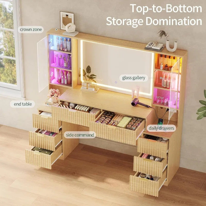 Hauoms Big Vanity Fluted Wood Makeup Vanity Desk