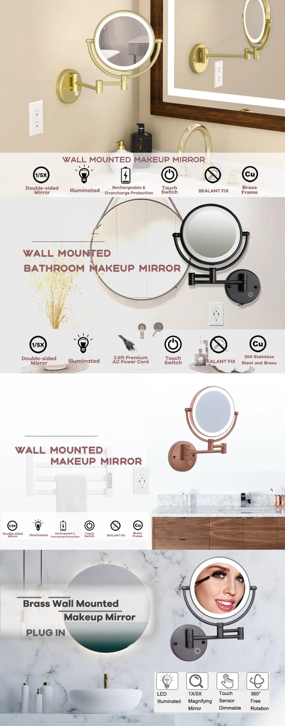 Brushed Gold Led Folding Touch Bathroom Mirrors Of