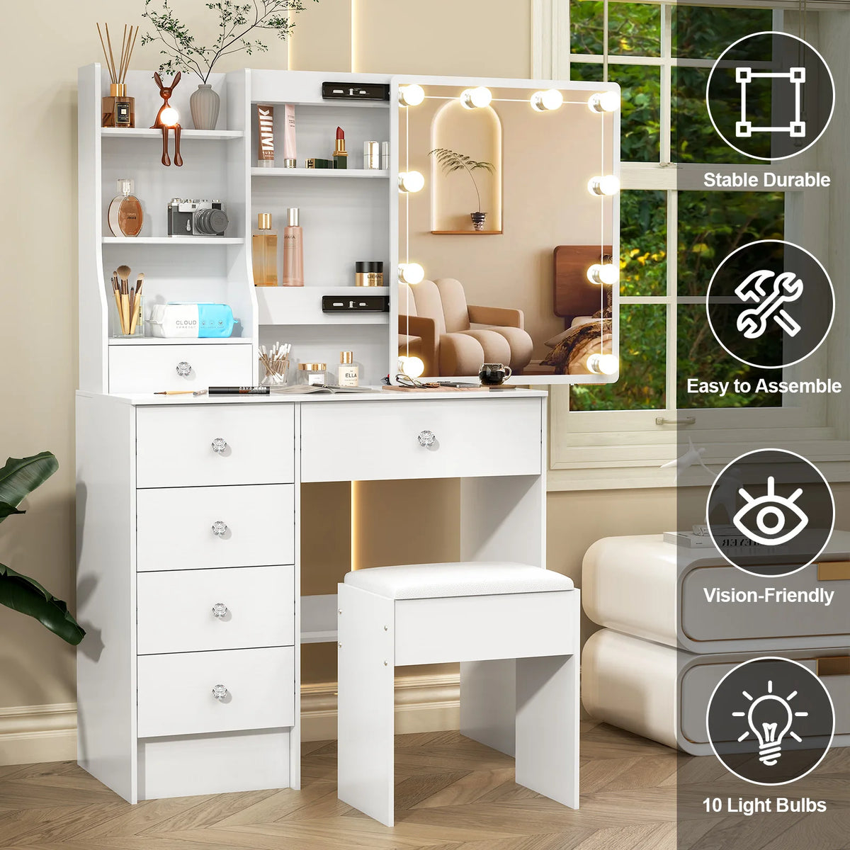 White Dressing Table Vanity Sliding Mirror Frame 3-Color