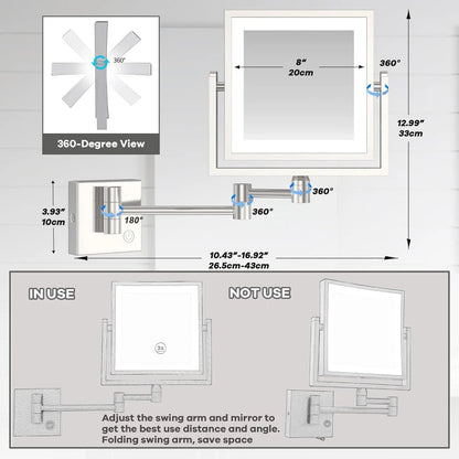 Square Touch Led Folding Bathroom Mirror 3x Magnifying