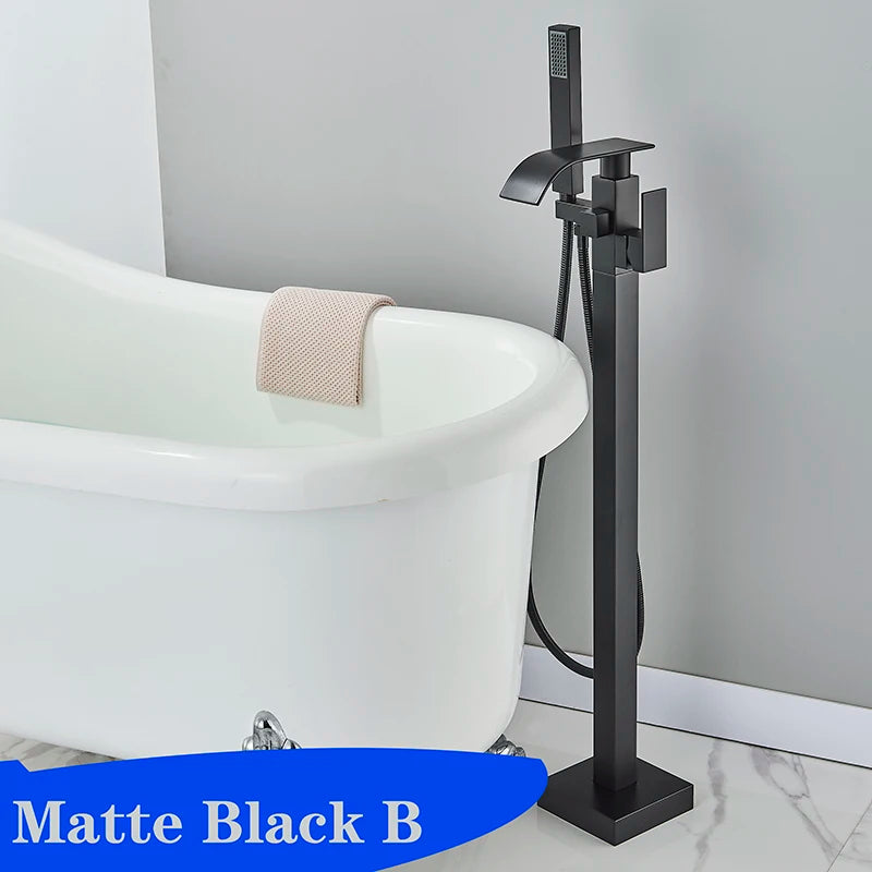 Matte Black Square Bathtub Shower Faucets Floor Standing