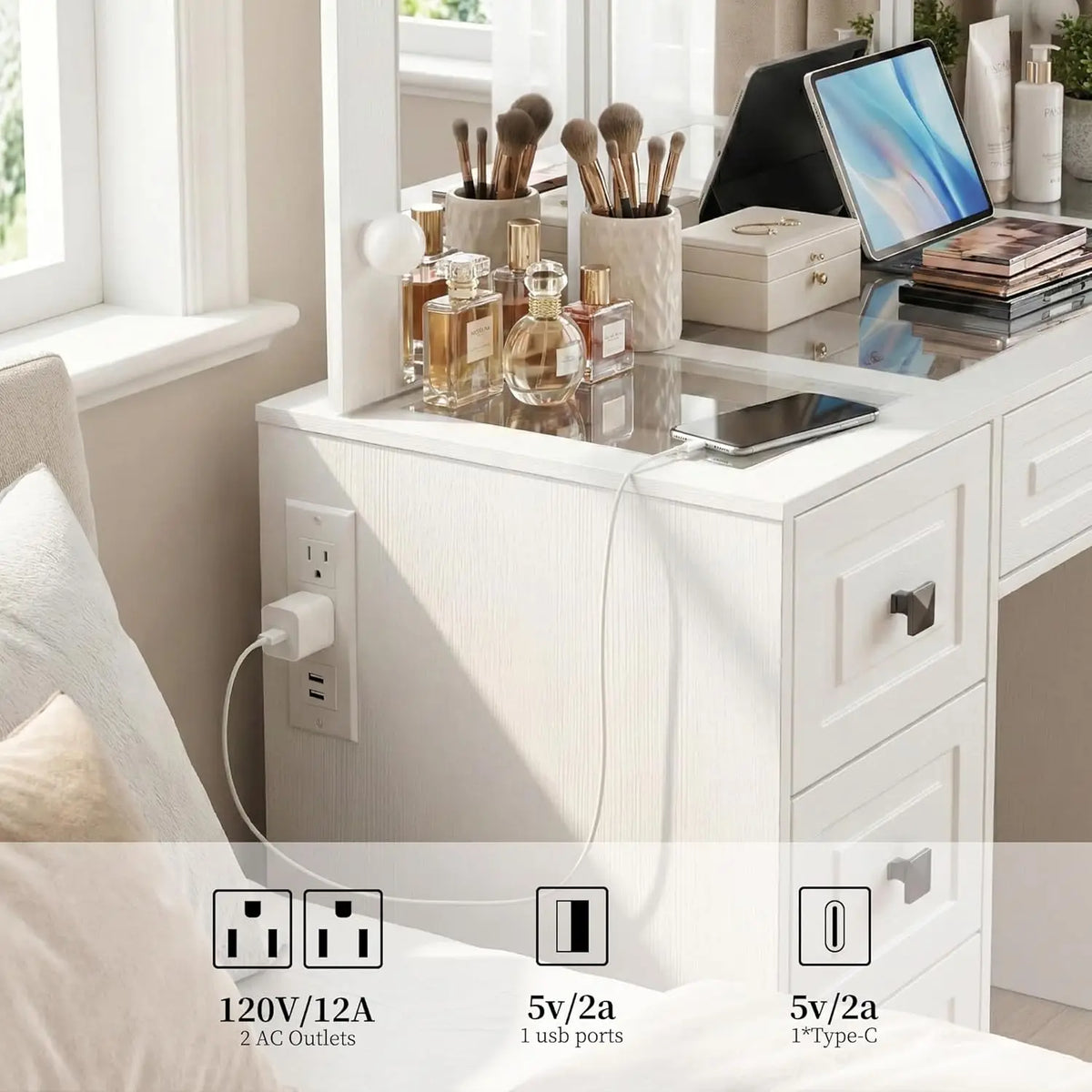 White Retro Lighted Vanity Desk Tri-Fold Mirror Drawers