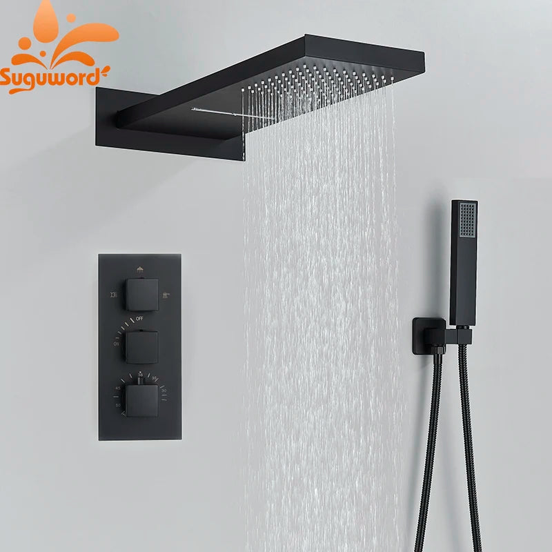 Thermostatic Shower Faucet Wall Concealed Waterfall Rainfall