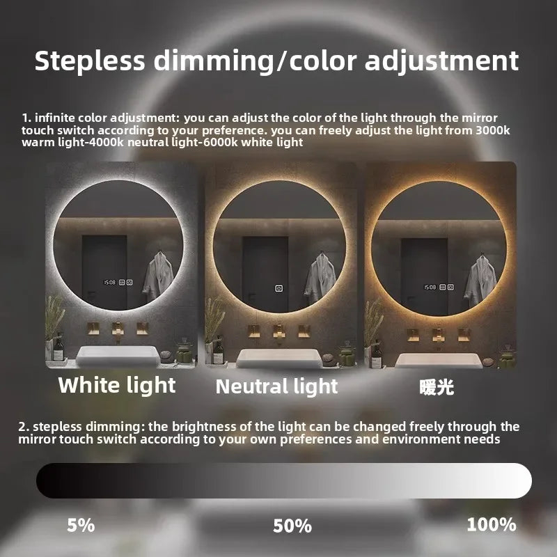 Mirror Round Mirror Wall-Mounted Smart Bathroom Mirror Led